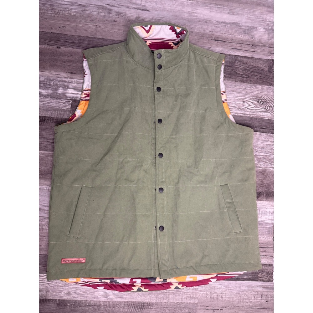 Simply Southern Mens XXL Green Quilted Vest Southwestern Print Lining Snap Front
